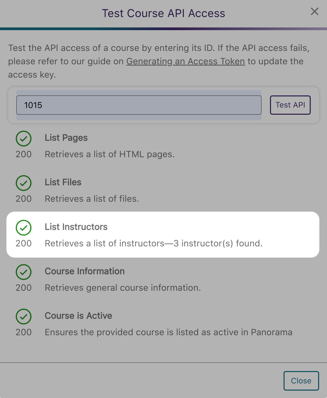 An API check shows that a list of instructors was fetched.