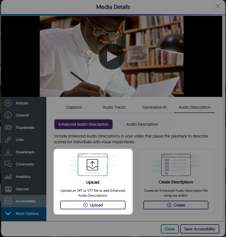 An image showing the location to upload SRT or VTT file to add enhanced audio description in the Video Platform.