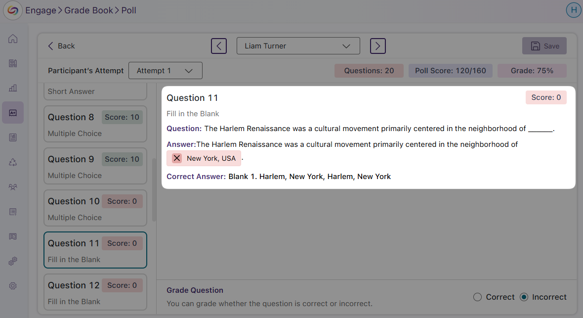 An image of the Grade Book in YuJa Engage highlighting the display of correct answer.