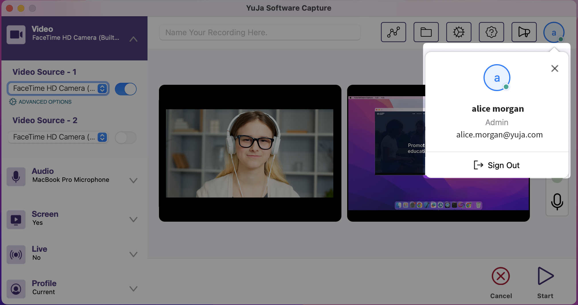 The images highlight the profile window of user in the YuJa Software Capture for Mac software.