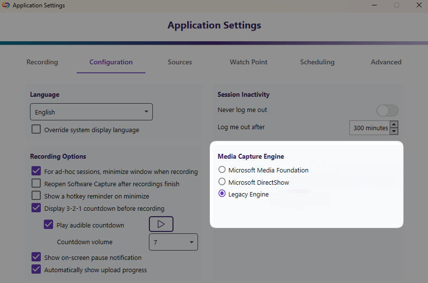 An image highlighting the Legacy Engine option in the Application Settings in YuJa Software Capture PC.