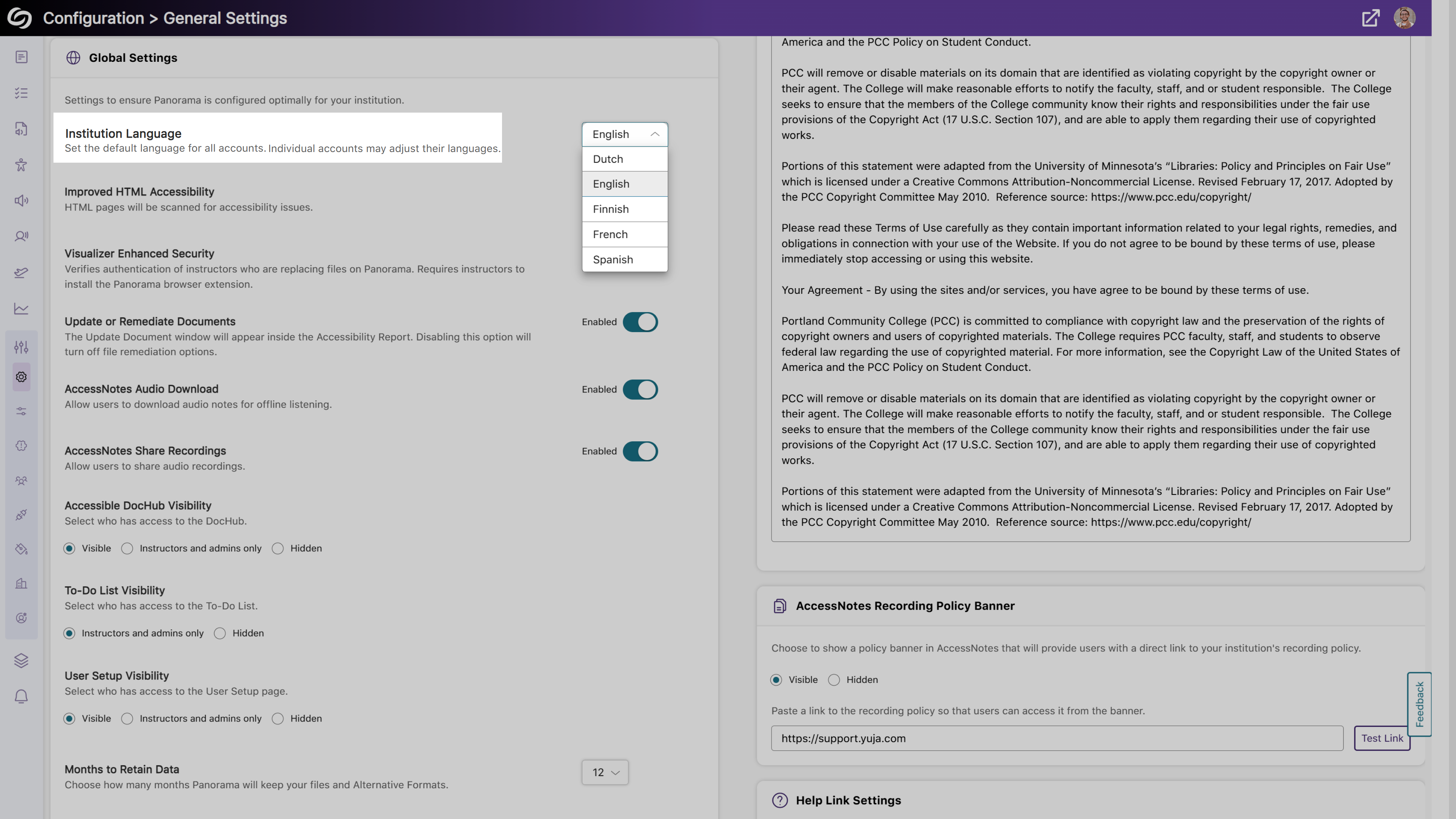 The default language option in Panorama's Settings.