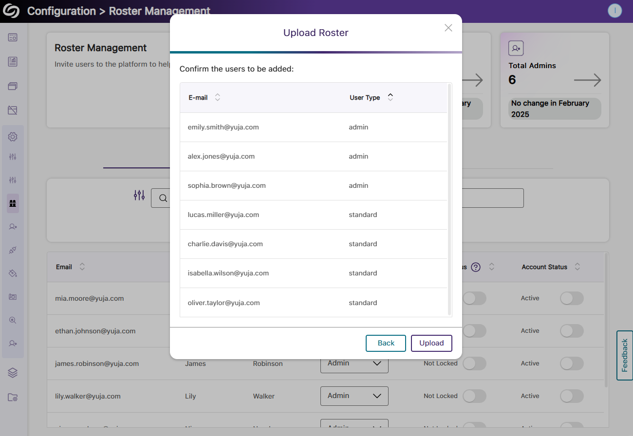 An image showing the roaster management page in EqualGround highlighting the Upload Roaster window.