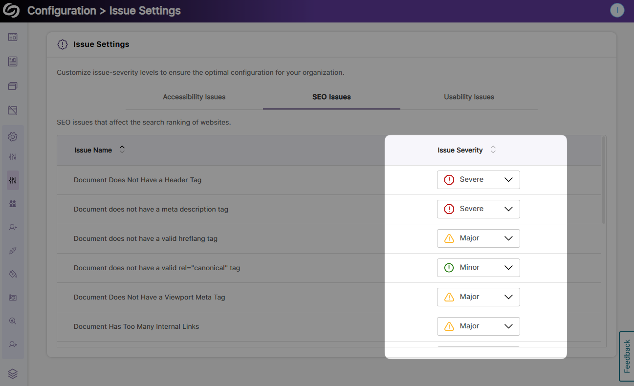 An image of the Issue Settings page in EqualGround highlighting the severity level settings.