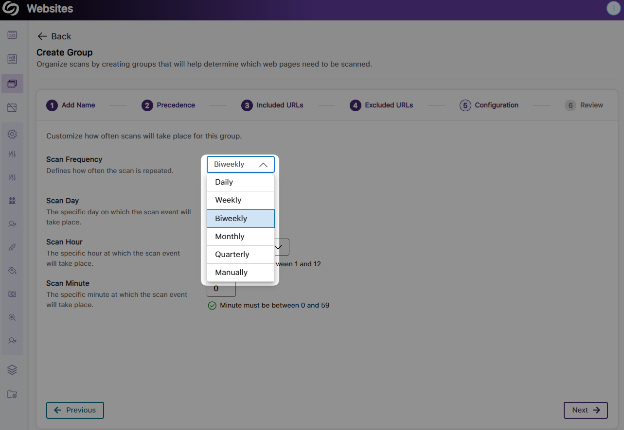 An image of the page group set up page highlighting the scan frequency settings.