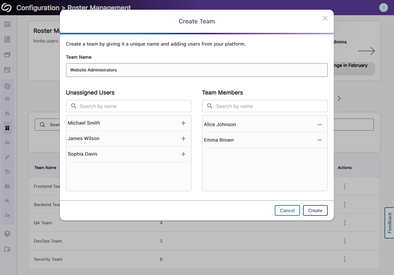 An image showing the team creation page in EqualGround.