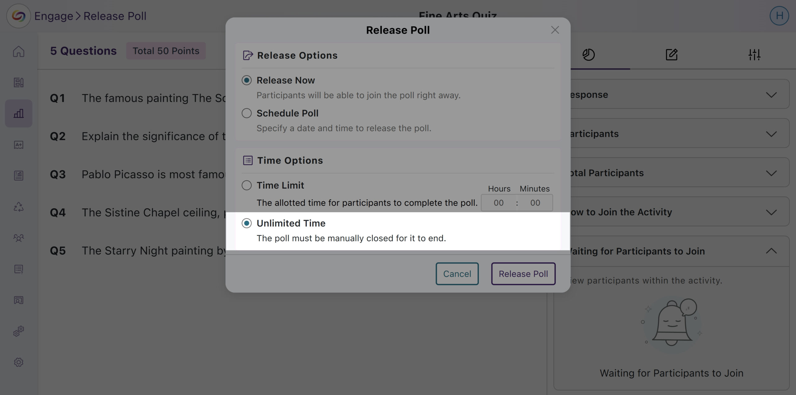 An image of the poll settings with unlimited time option in Engage.