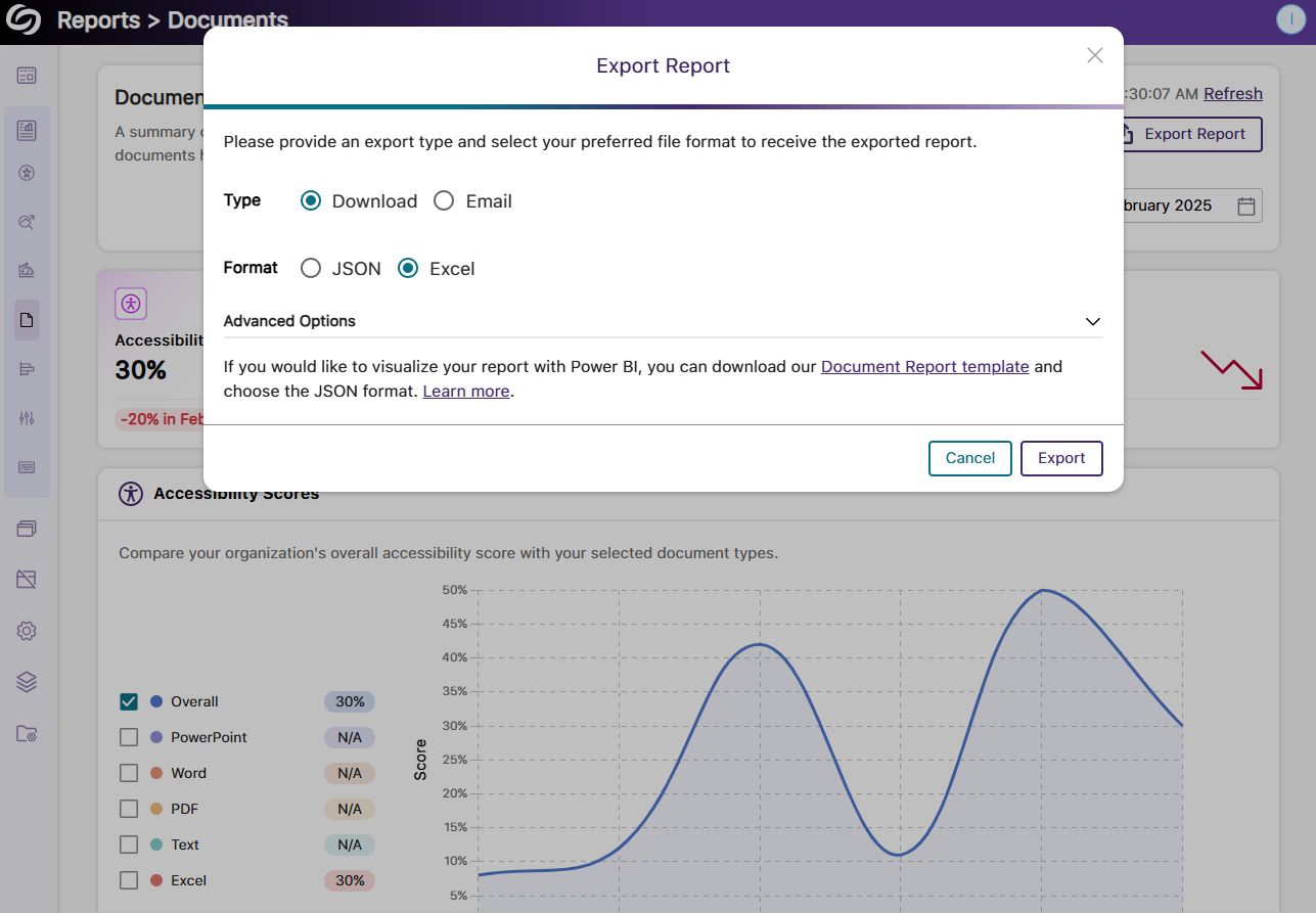 The image of the Document Report page highlighting the Export Report window in EqualGround.