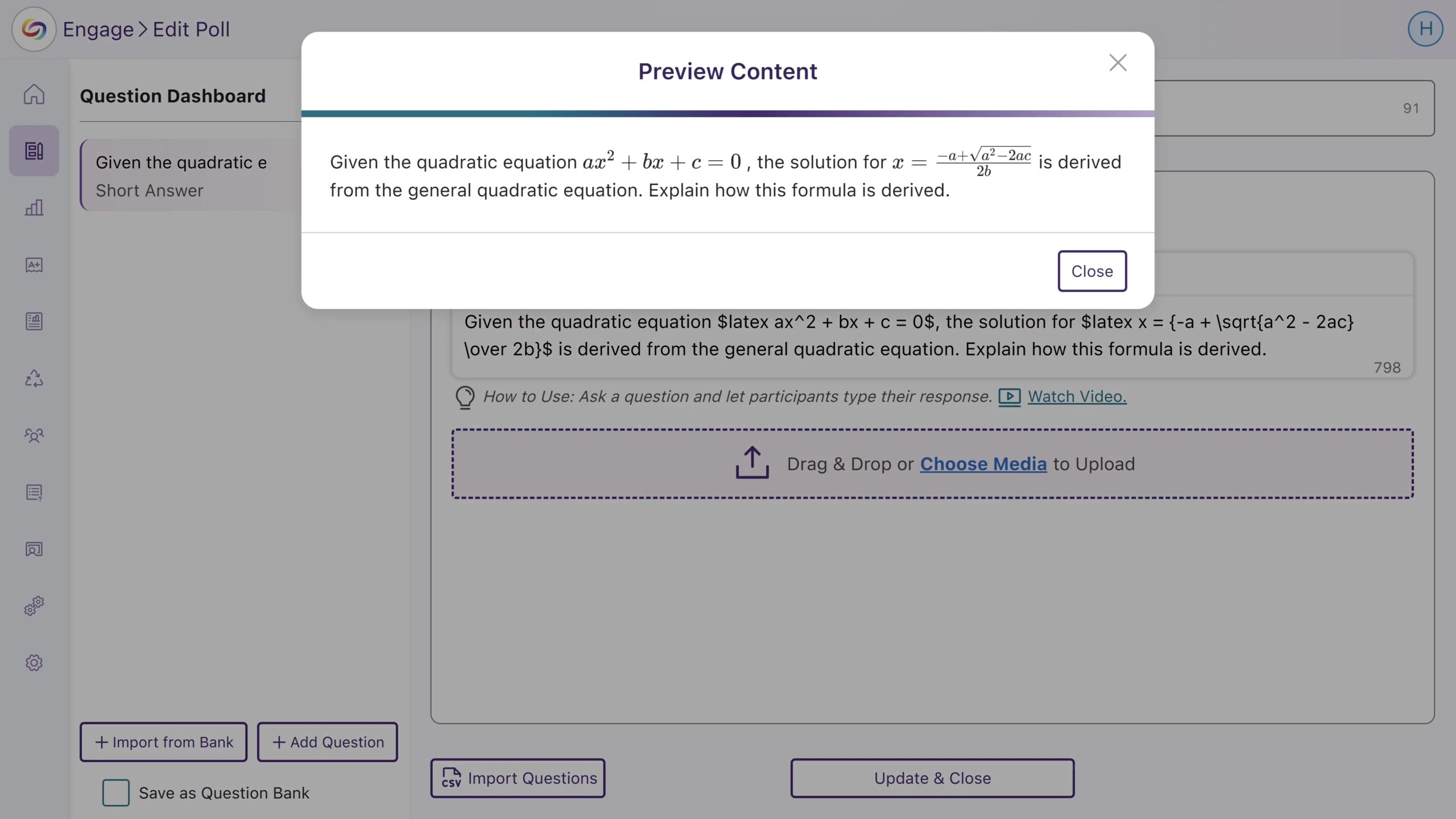 An image of the preview of mathematics equations using Latex editor in Engage.