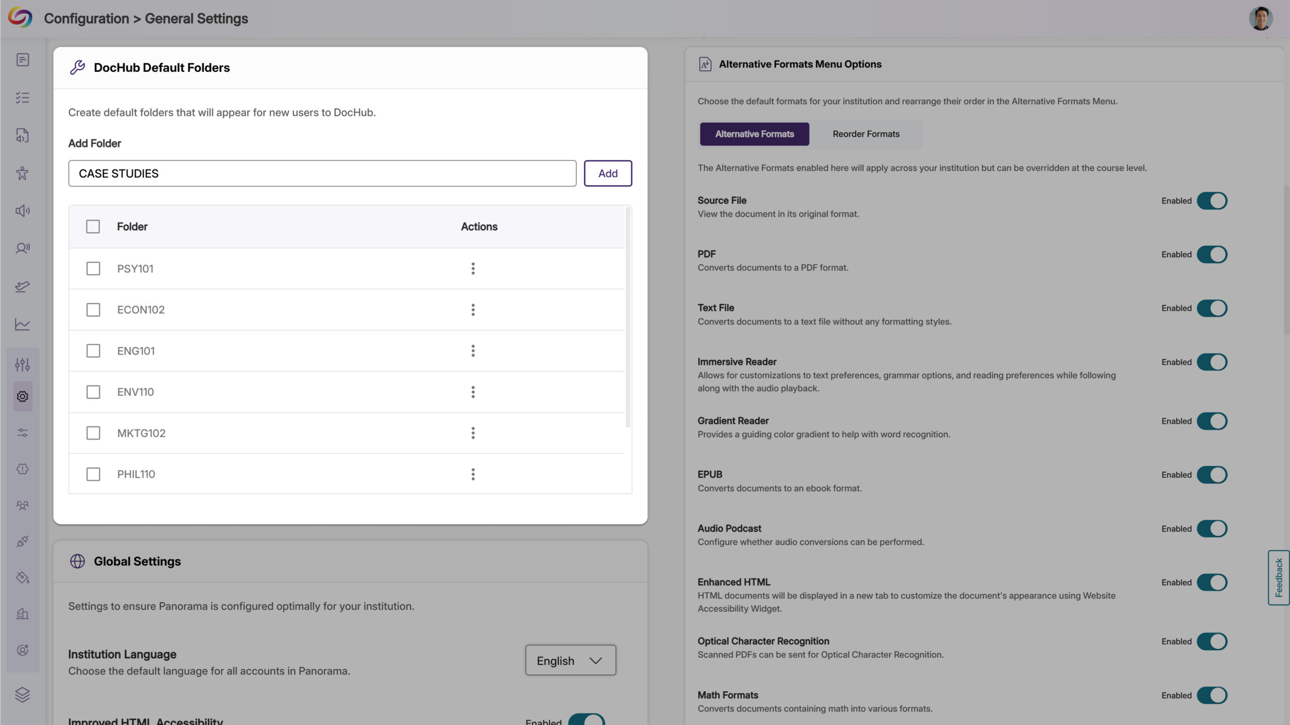 An image of the General Settings page highlighting the customization of default folders in DocHub.