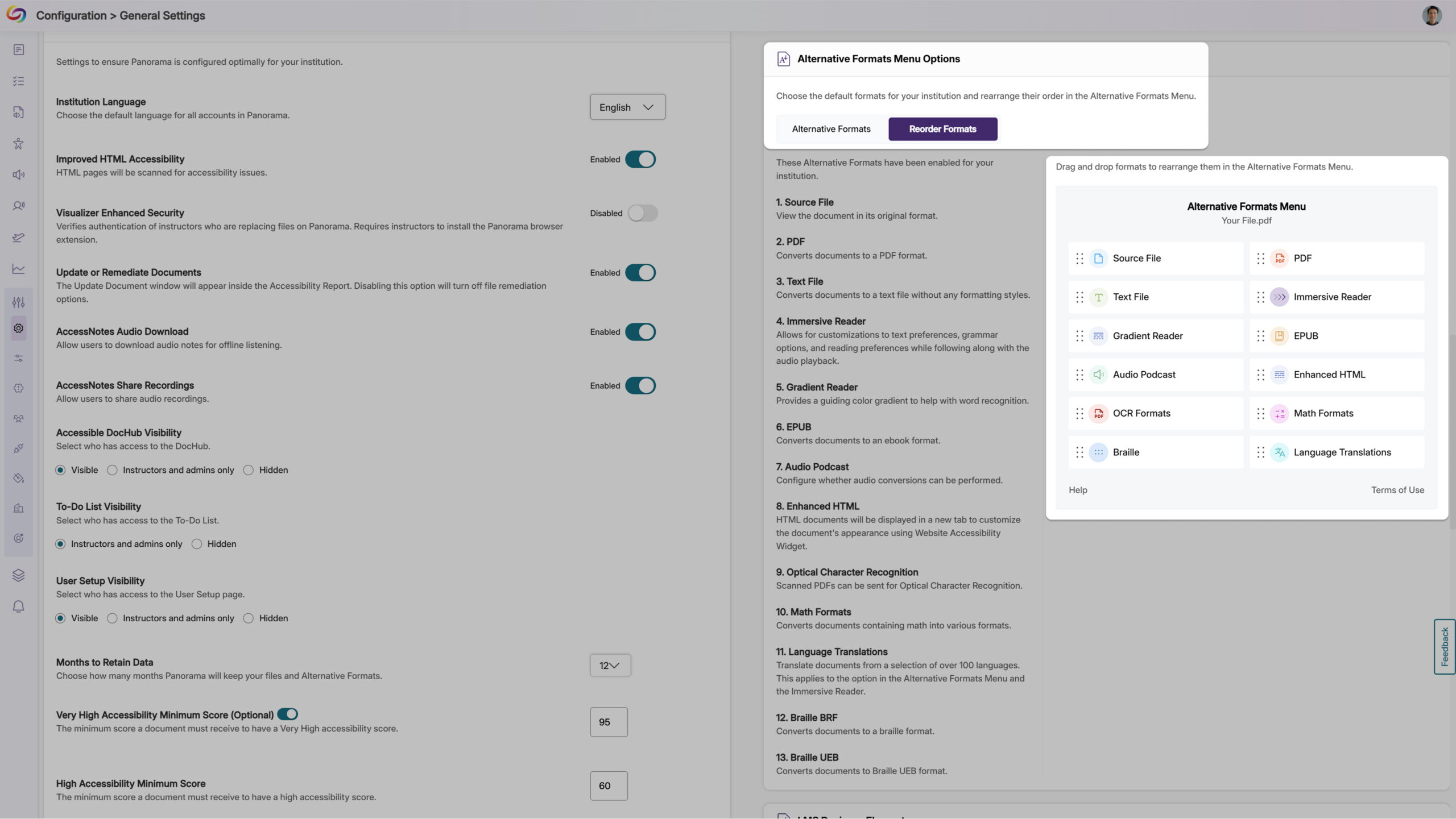 An image of the Configuration page highlighting the option to reorder the format menu.