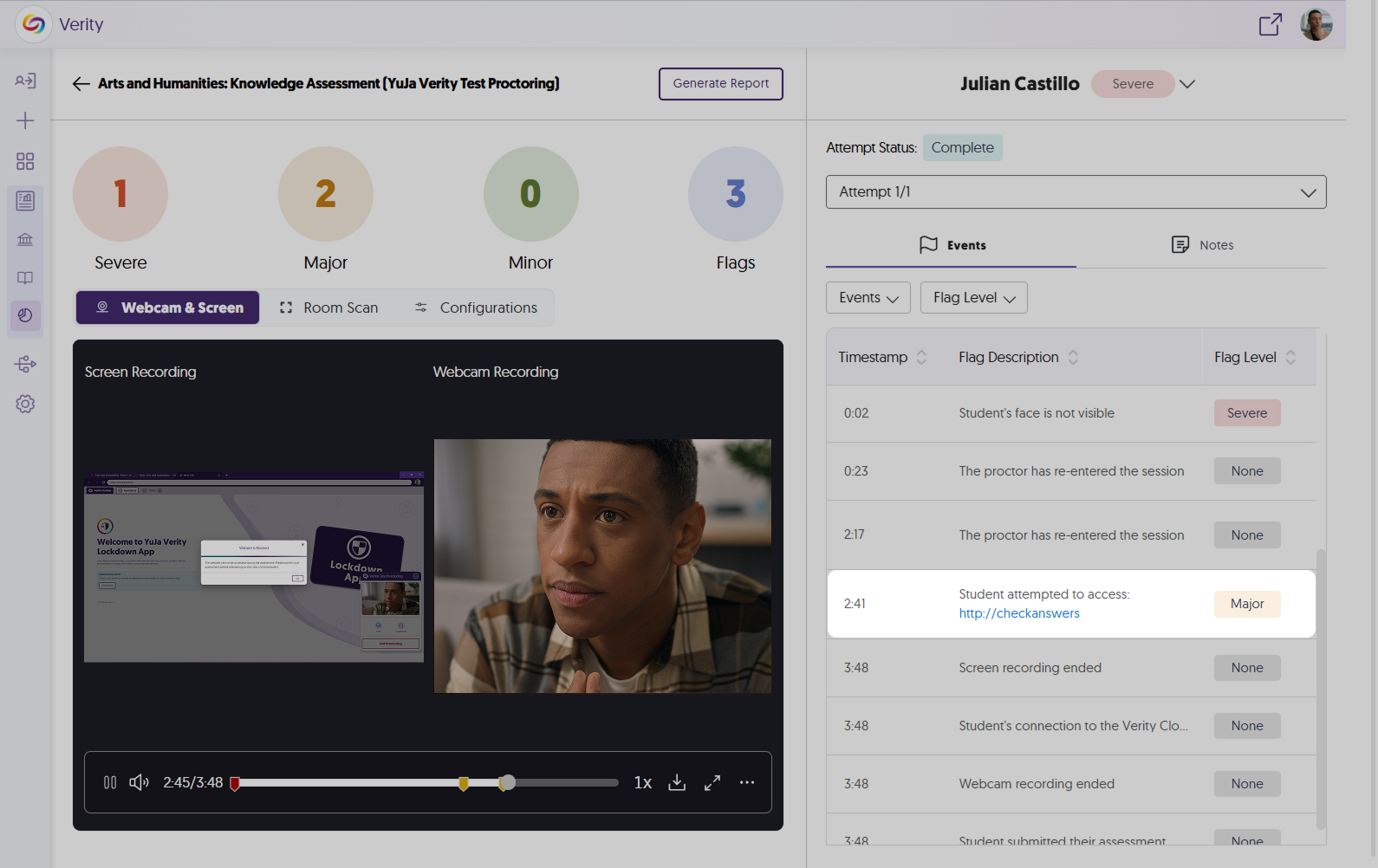 An image of the assessment result page highlighting the flagging for unauthorized website navigation attempts in Lockdown App.