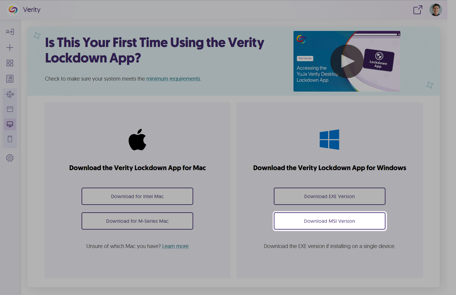 An image of the Lockdown App setup page highlighting the MSI installer for Window devices.