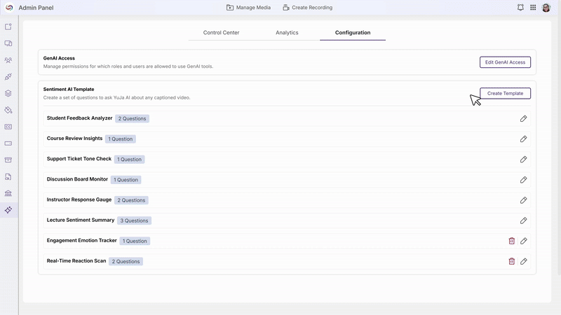 Custom Question Templates: Administrators can create reusable templates with specific questions to analyze content consistently across multiple videos.