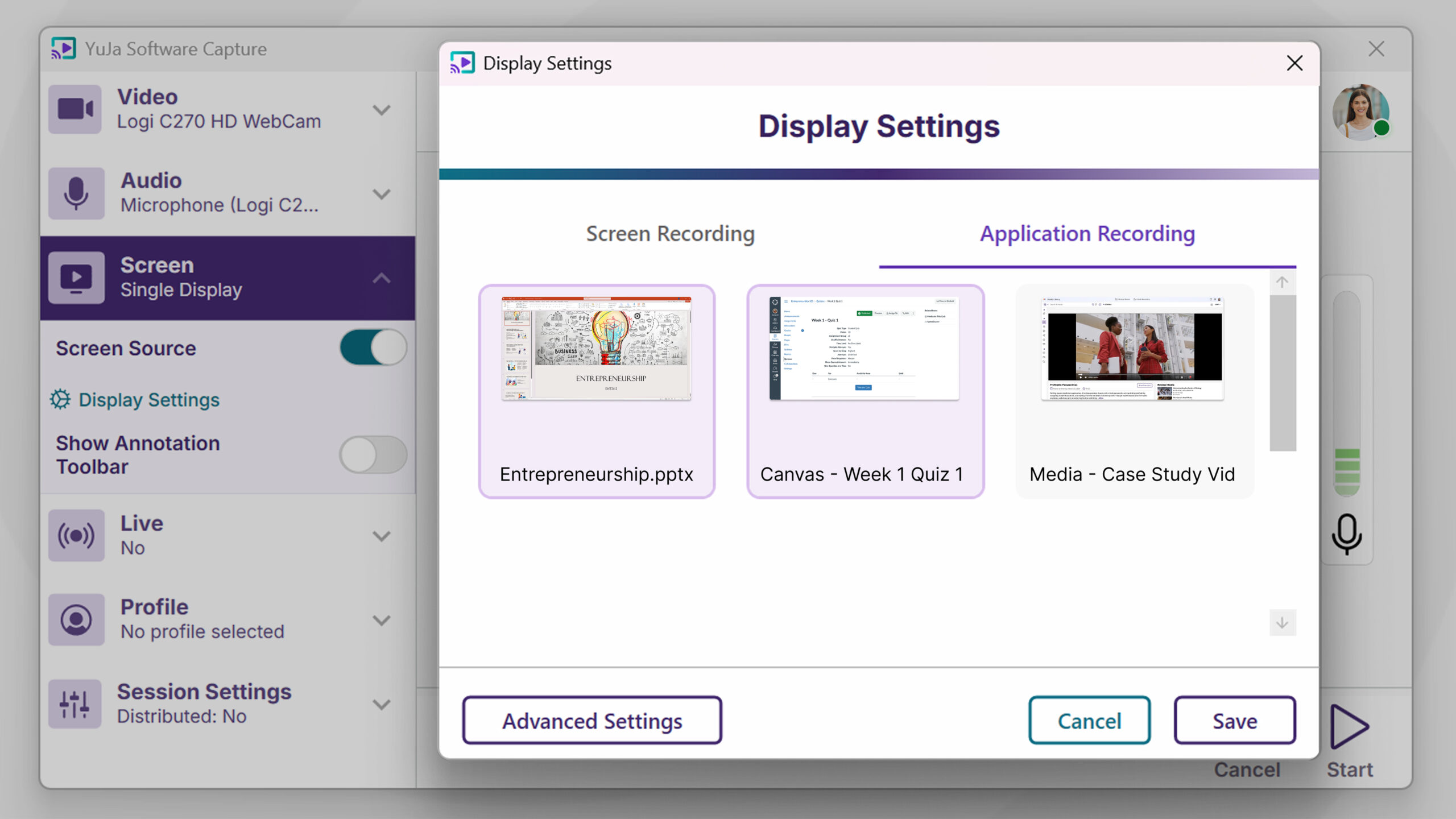 New Application Window Selection Interface