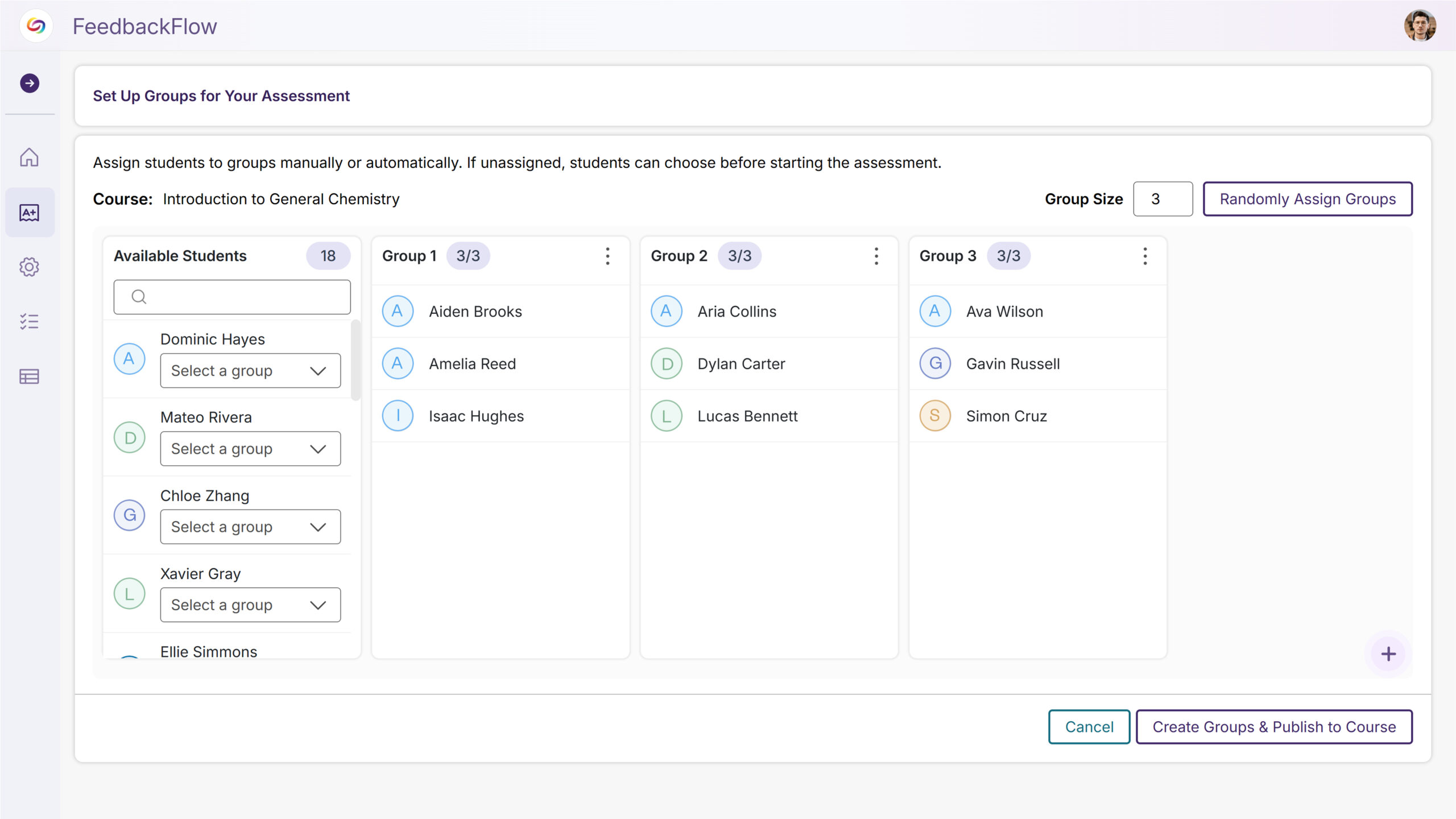 Automatically connects course rosters and allows flexible group creation through manual assignment or random distribution for a streamlined setup.