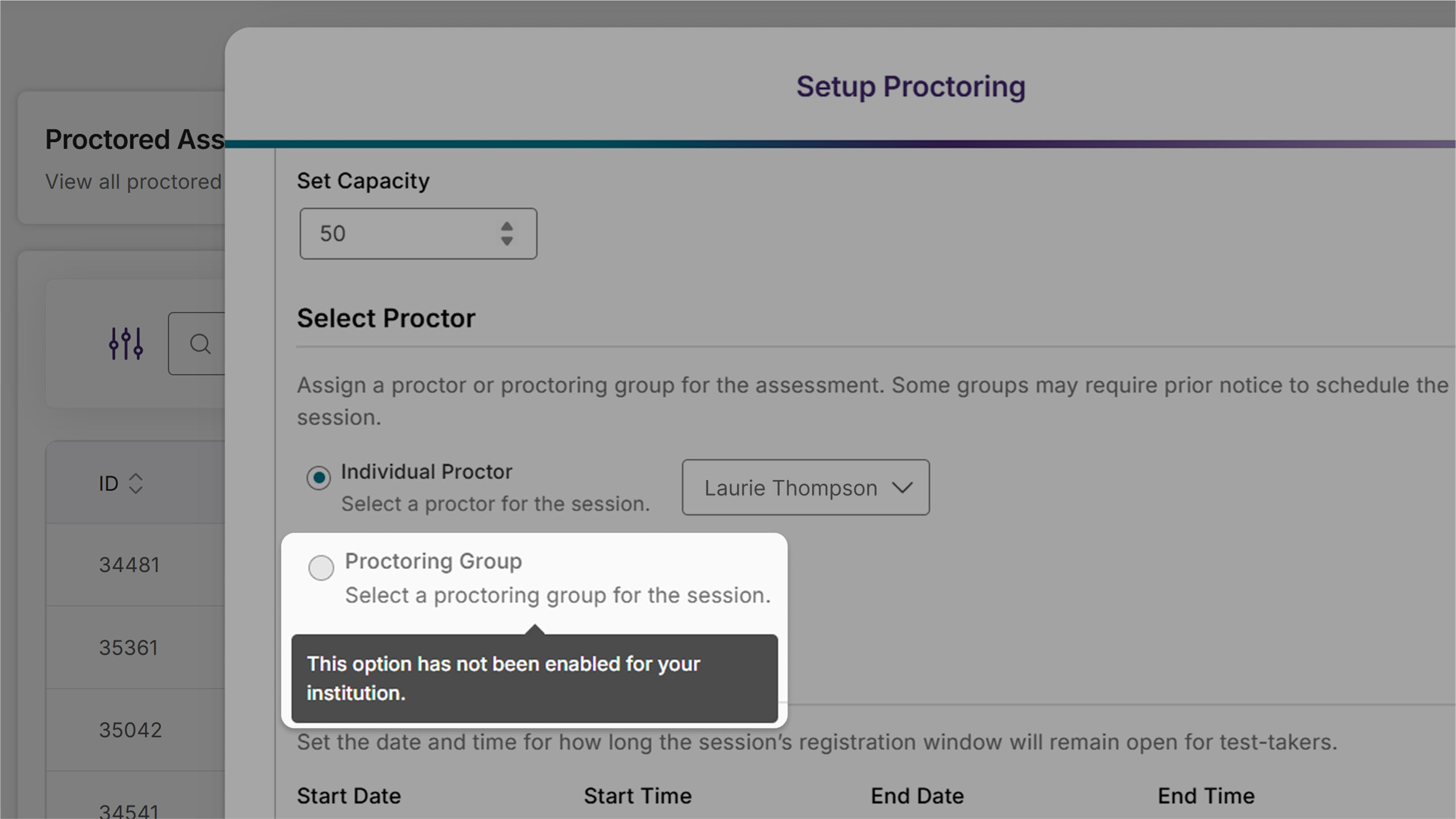 Screenshot of the Live Session Setup now automatically disabling the “Proctoring Group” option for institutions that don’t have access to YuJa proctors.